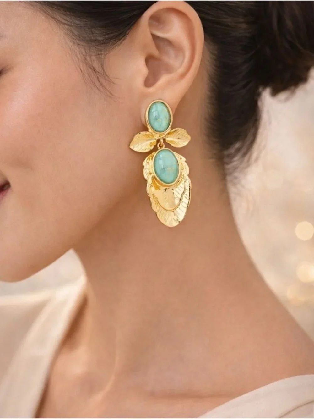 Gold Leaf Earrings with Turquoise Accents - Women Jewelry